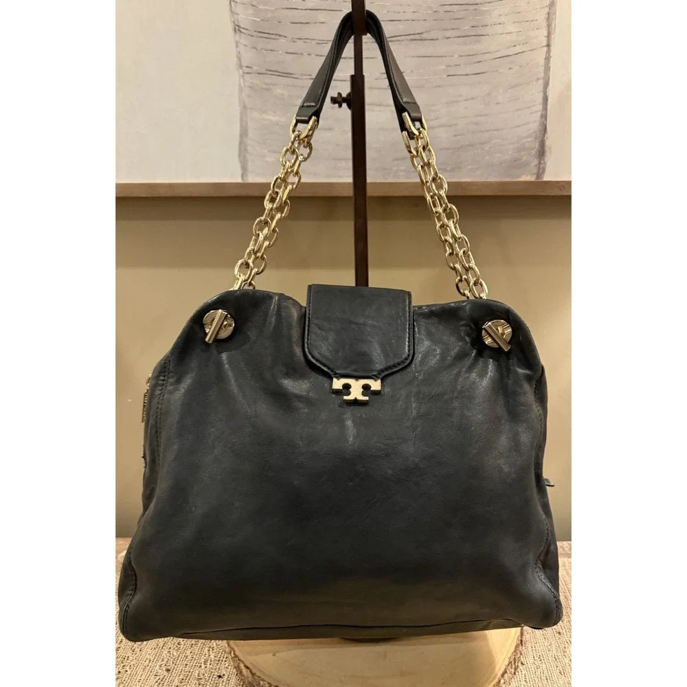 Tory Burch‎ Megan Shoulder Gold Chain Hobo Bag Black Pebble Soft Leather 498$